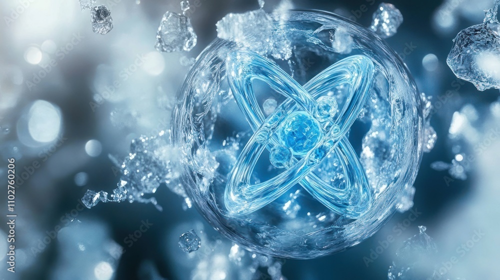 Aufkleber a stylized representation of an atom surrounded by particles in a dynamic environment.