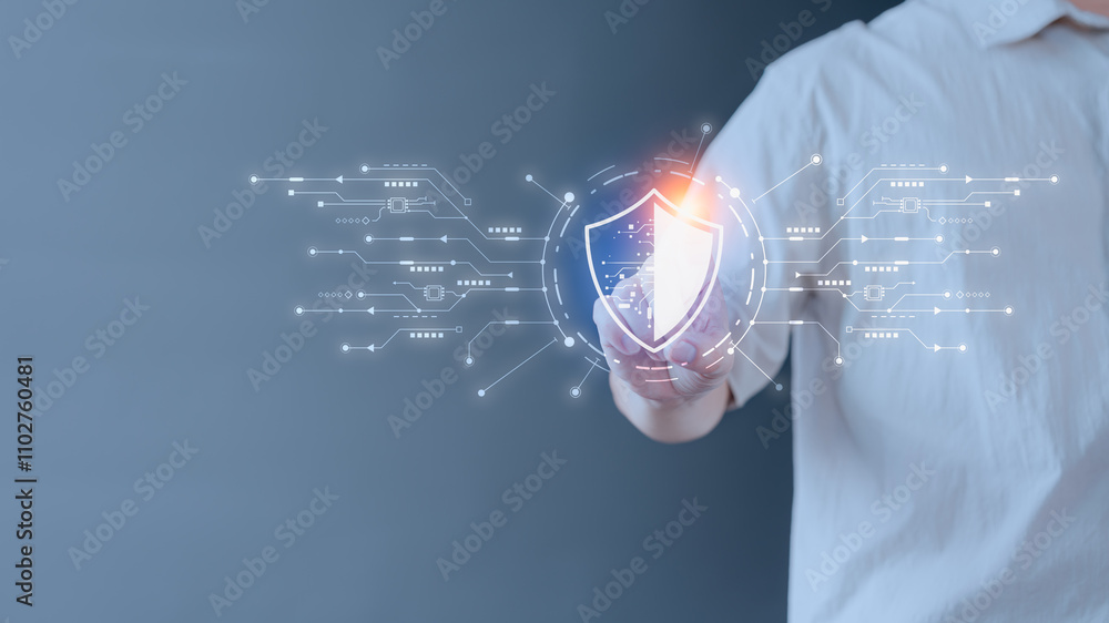 Poster Person touching a digital shield icon surrounded by circuits, symbolizing cybersecurity, data protection, and advanced technology in a secure network.