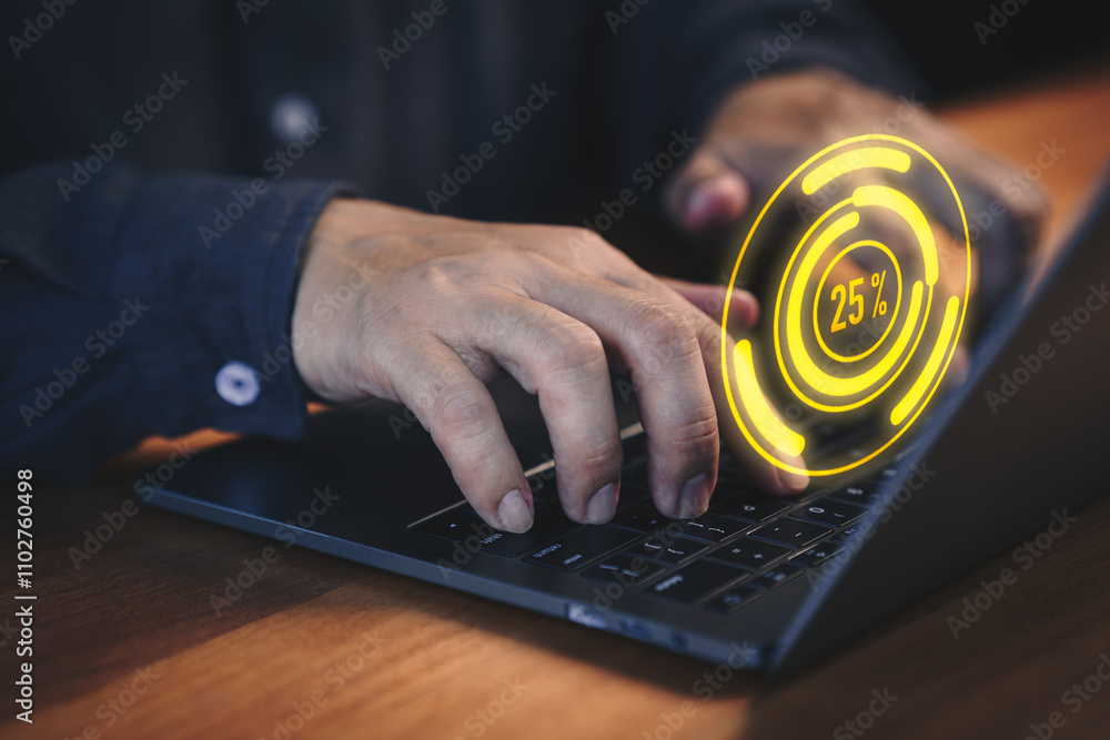 Poster Person working on a laptop, downloading updates with slow internet from Wi-Fi. Loading symbol highlights delays in file retrieval, reflecting digital software management and connectivity issues.