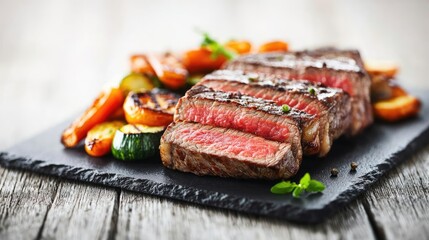 Delicious grilled steak served with colorful roasted vegetables.