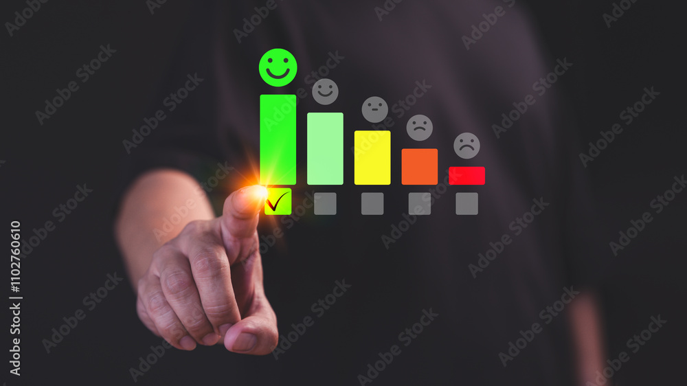 Aufkleber customer hand selecting a happy smile face on a satisfaction rating scale, symbolizing positive feed
