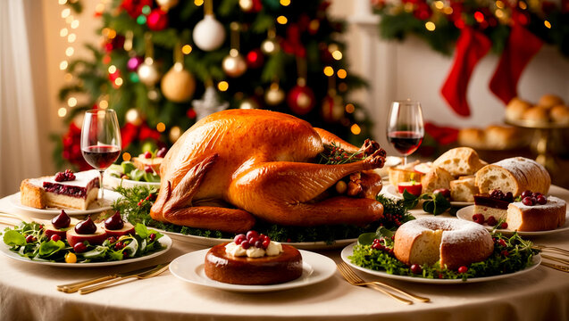 Christmas meal served on the table, Baked turkey with salads cakes and bread on the side with Christmas decoration background