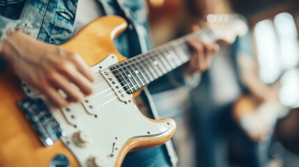 Female guitarist plays her electric guitar during a dynamic band rehearsal, surrounded by fellow musicians in a creative space