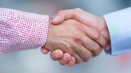 Two business professionals shake hands, symbolizing a new partnership, with an emphasis on collaboration between Western and Arab industries