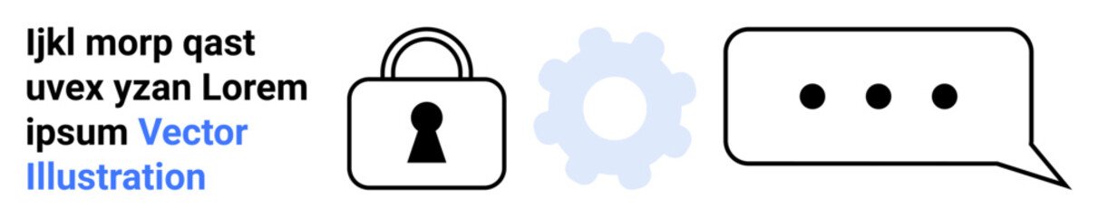 Padlock represents security, gear symbolizes settings, and speech bubble signifies communication. Ideal for data protection, IT services, secure messaging, privacy settings, technical support