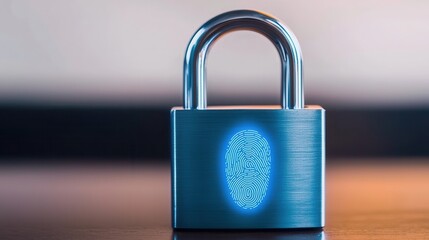 Fototapeta premium Access control permissions and encryption, A sleek fingerprint lock glows with blue light, symbolizing advanced security and biometric technology on a wooden surface.