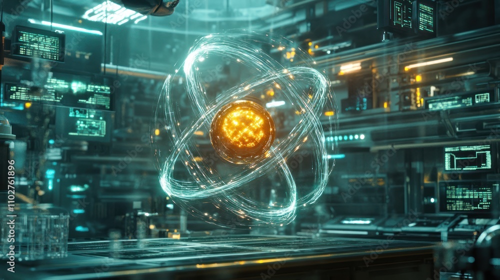 Poster a futuristic depiction of an atom in a high-tech laboratory setting.