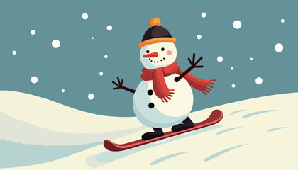 Cheerful Snowman Skiing in Winter Wonderland