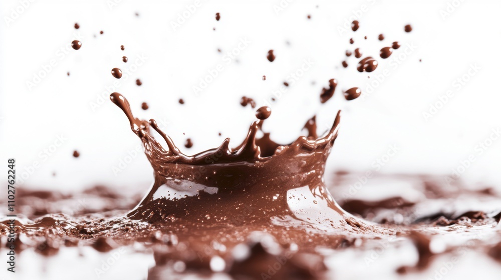 Poster chocolate splashes upward in rich texture and fluid motion against a clean white backdrop, creating 