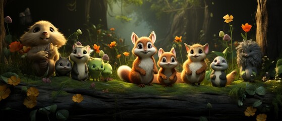 Charming Forest Creatures Gathered in Vibrant Nature Scene
