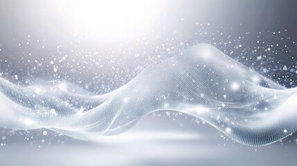 Ethereal Waves of Light with Glowing Particles in Soft Gray Background
