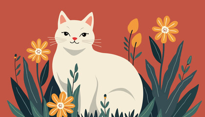 Charming White Cat Surrounded by Colorful Flowers