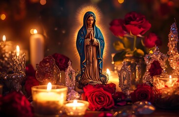 Virgin Mary Statue with Candlelit Floral and Fruit Offering Display