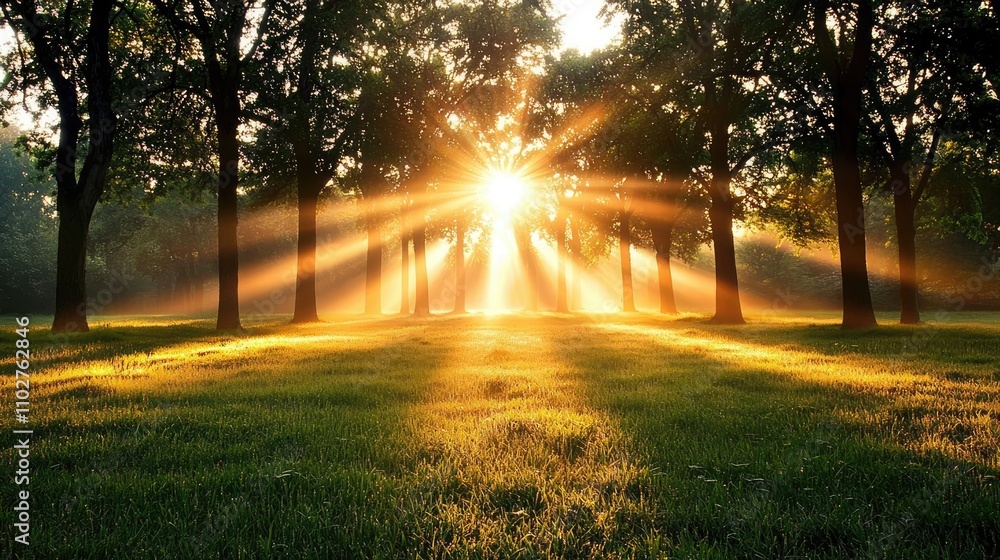 Poster sunlight streaming through trees in a serene landscape, creating a peaceful atmosphere.