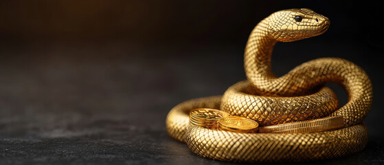 Fototapeta premium Chinese New Year Frame and background theme, golden snake coiled around shiny coins, symbolizing wealth and power