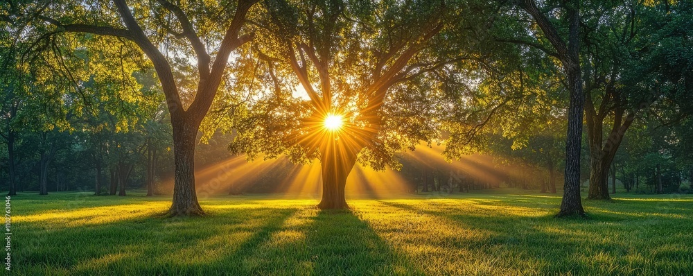 Poster sunlight filtering through trees, creating serene shadows on vibrant green grass.