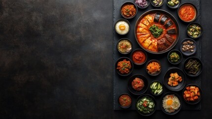An elaborate Korean food spread viewed from above, kimchi, bulgogi, bibimbap, small banchan dishes on a black stone table 