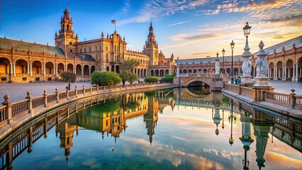 Fototapeta premium Beautiful shot of Spain Square with iconic architecture, bridges, and reflecting pool , Seville, Spain
