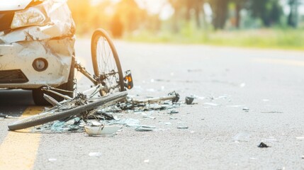 A severe road accident with a damaged car and a crushed bicycle lies on the pavement under bright sunlight during the afternoon