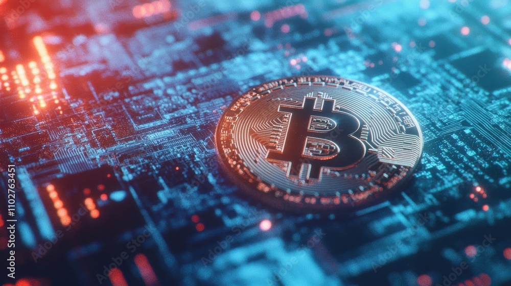 Poster a golden bitcoin symbol positioned on a modern computer processor with vibrant, glowing circuitry in