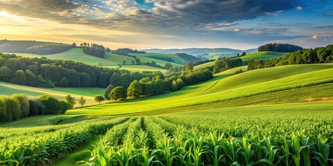 Fototapeta premium Green cornfields surrounded by meadows and lush forests in the hilly countryside, aerial view, green, cornfields, meadows