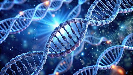 Fototapeta premium Close up of DNA strands intertwining in a mesmerizing dance , genetics, research, science, biological