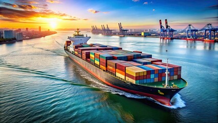 Naklejka premium A freight ship leaving a busy harbor filled with containers and cargo, freight ship, harbor, loading