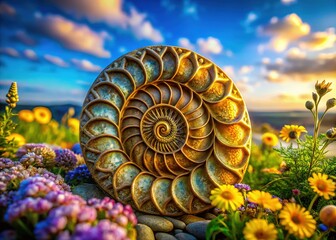 Ancient spiral embraced by flowing floral art.