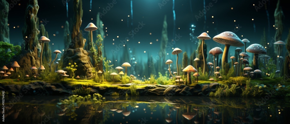 Poster enchanted forest scene with glowing mushrooms in 3d render