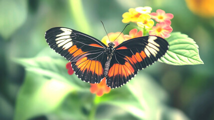 Fototapeta premium A detailed view of a butterfly resting peacefully, with vibrant wings against a lush background