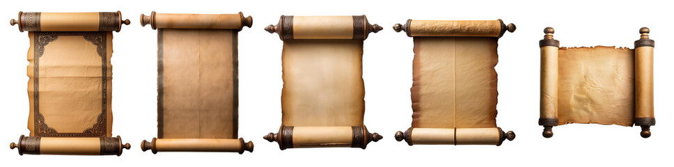 Five ancient scrolls with varying designs on a white isolated background.