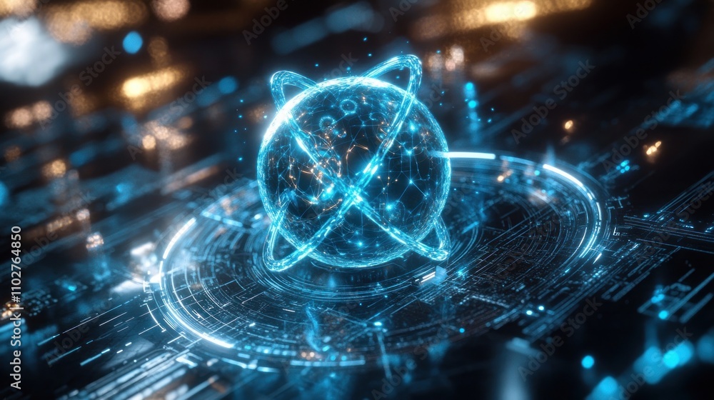 Poster a glowing, futuristic representation of an atom set in a digital circuit environment.