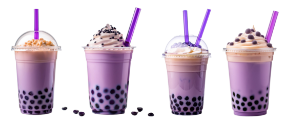Four delicious purple bubble tea drinks with toppings, isolated on white background.