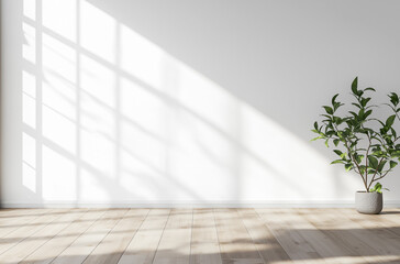 Photo of an empty room with light wood flooring and white walls, no furniture. Web banner with copy space on the right.