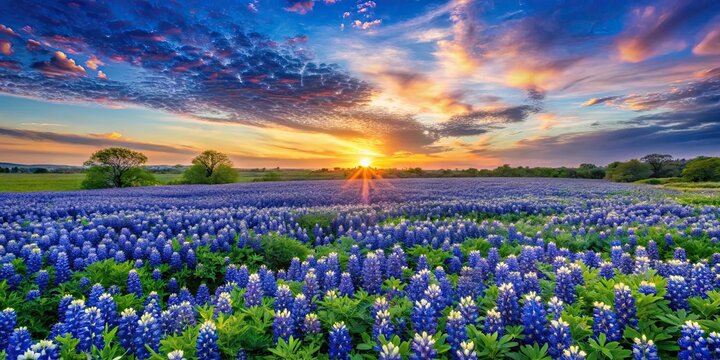 Panorama of a beautiful green field with bluebonnets flowers at soft sunset, bluebonnets, field, green, panorama, sunset