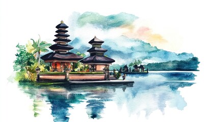 Balinese temple watercolor illustration wallpaper