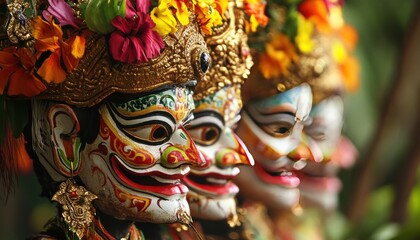 Fototapeta premium Traditional Balinese masks or statues are arranged alongside a blank space, showcasing a vibrant style adorned with an array of colorful flowers.