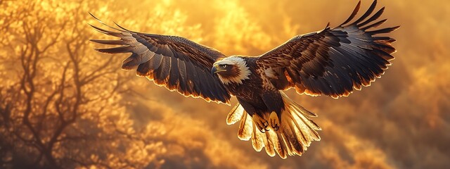 Obraz premium Majestic Eagle in Flight Against Golden Sunset Forest Backdrop