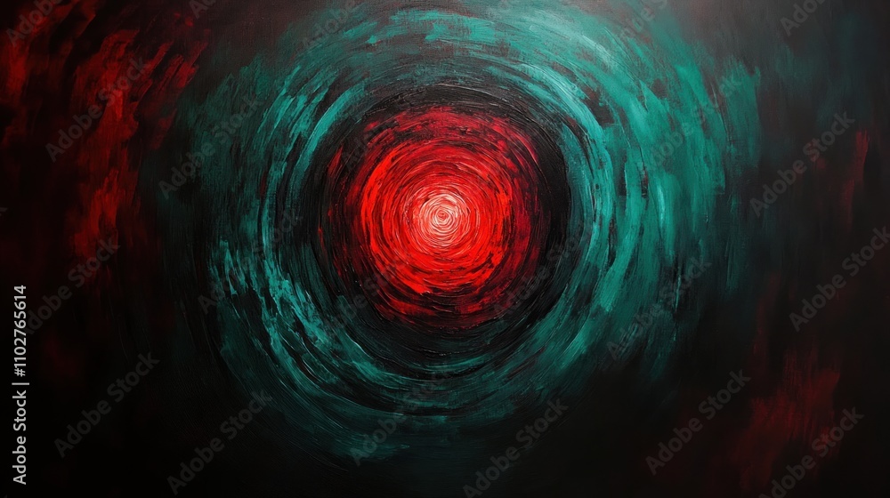 Poster abstract swirling patterns in red and teal create a captivating focal point.