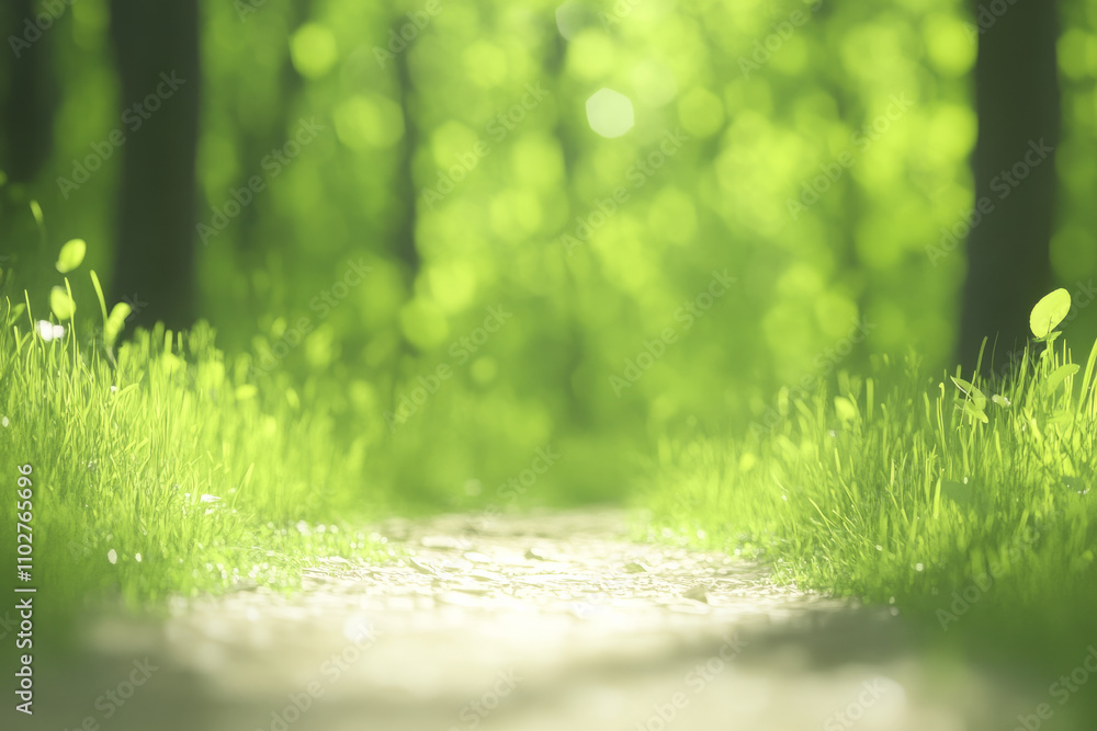 Poster a path winds through a grassy field with trees in the background