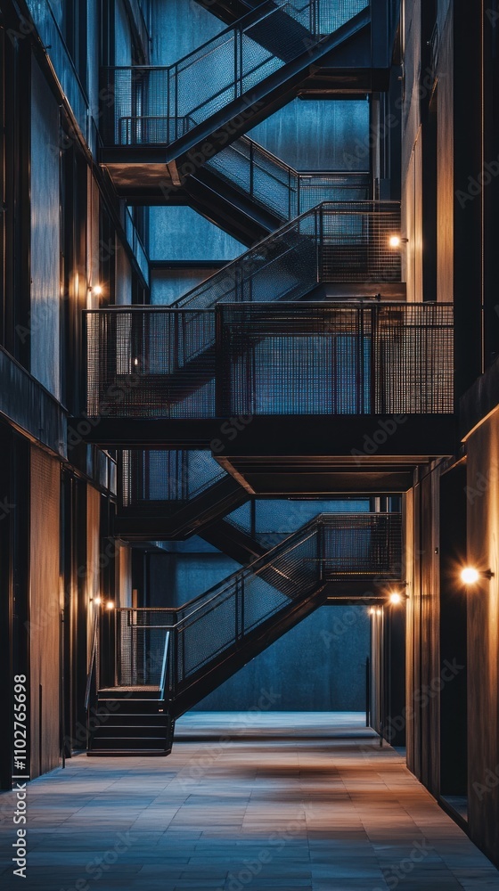 Poster a modern architectural staircase in a dimly lit corridor, emphasizing structure and design.