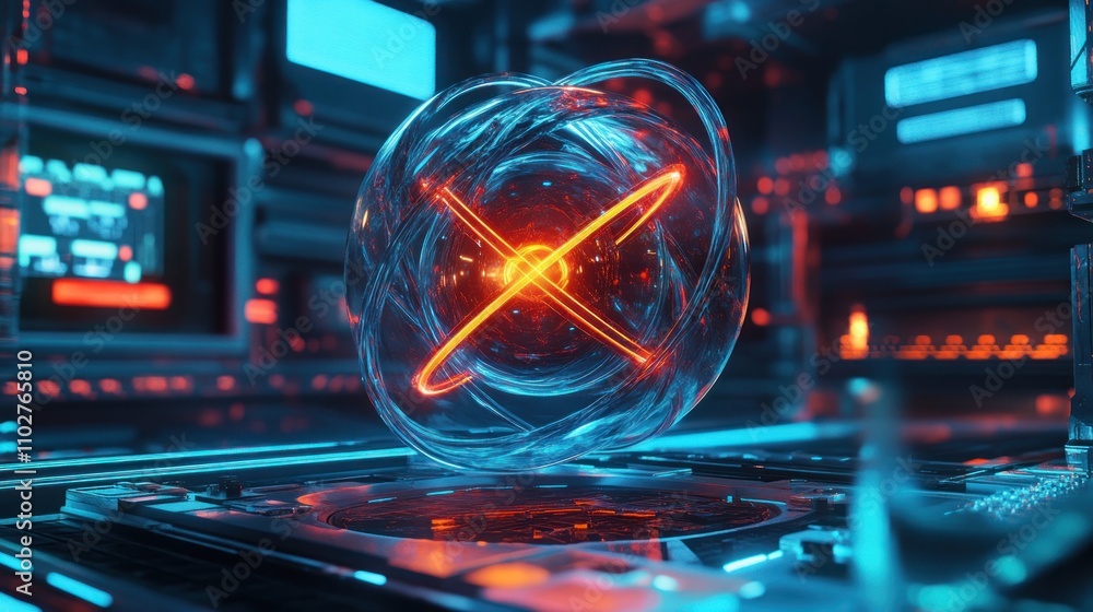 Poster a futuristic, glowing orb representing energy or atomic structure in a high-tech environment.