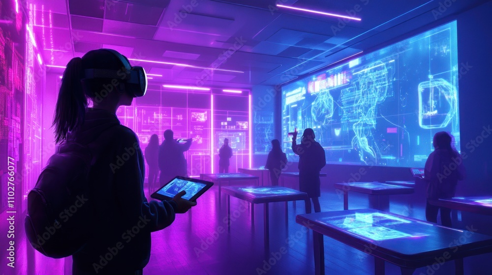 Poster a futuristic scene showcasing virtual reality and interactive technology in a modern setting.