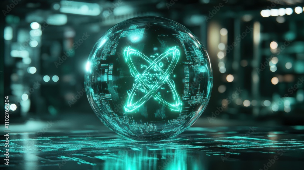 Aufkleber a glowing, futuristic orb displaying atomic symbols in a high-tech environment.