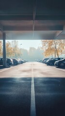 Obraz premium A serene parking lot scene illuminated by soft morning light and surrounded by autumn foliage.