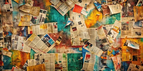 Fototapeta premium Colorful abstract backdrop with collage of newspaper and magazine clippings on grunge background, collage, newspaper