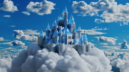 Majestic Fairy Tale Castle Floating Amid Fluffy Clouds in Dramatic Sky