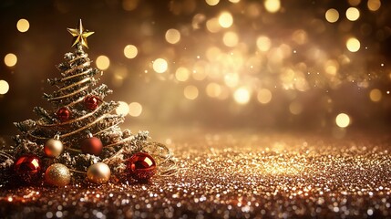 Christmas Tree with Ornaments and Glittering Lights Background