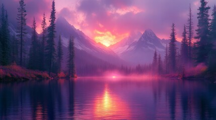 Fototapeta premium Fantastic view of mountain pine forest and river flow with purple color concept