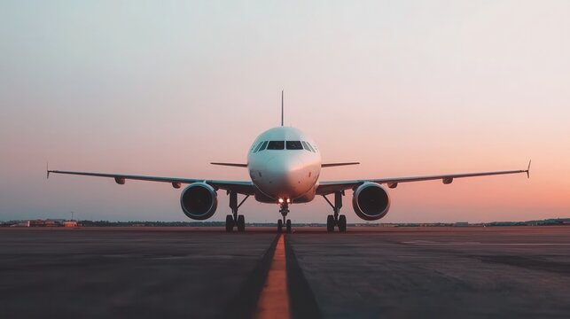 Mechanics preparing passenger plane for test flight at airport sunset